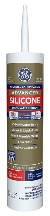 GE Advanced Silicone 2 2812565 Kitchen & Bath Sealant, White, 24 hr Curing, 10.1 fl-oz Cartridge